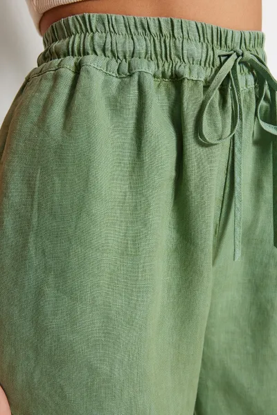 Trendyol Green 100% ľan široké nohavice s vysokým pásom a elastickým pásom.