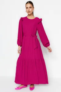 Trendyol Fuchsia vlnené viskózovo zmiešané tkané šaty s volánovým lemom okolo ramien.