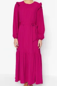 Trendyol Fuchsia vlnené viskózovo zmiešané tkané šaty s volánovým lemom okolo ramien.