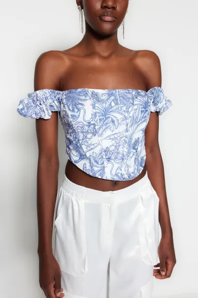 Trendyol Multicolored Crop Lined Corset Detailed Floral Patterned Woven Poplin Bustier
