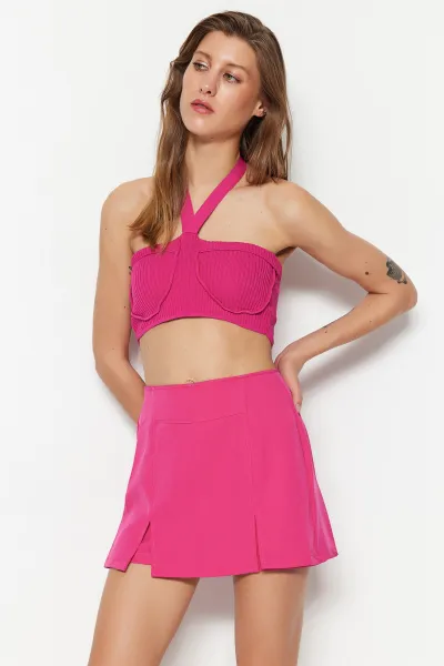 Trendyol Fuchsia Double Slit Super Mini Weave Shorts Skirt