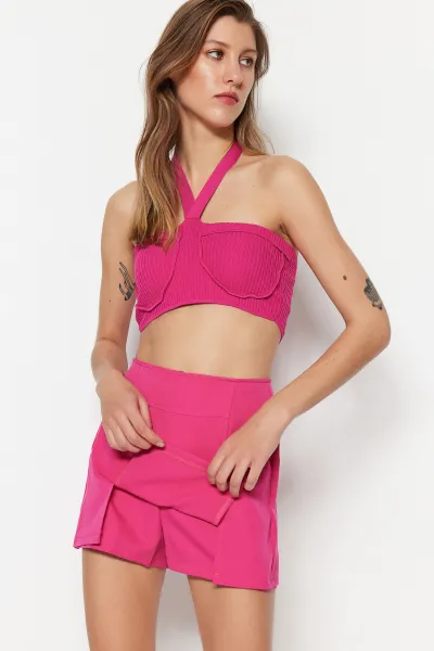 Trendyol Fuchsia Double Slit Super Mini Weave Shorts Skirt