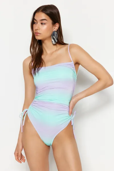 Trendyol Gradient Patterned Strapless Draped Glitter High Leg Regular Swimsuit