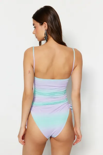 Trendyol Gradient Patterned Strapless Draped Glitter High Leg Regular Swimsuit
