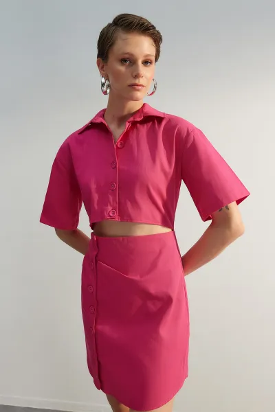 Trendyol limitovaná edícia Fuchsia košeľa mini tkané šaty