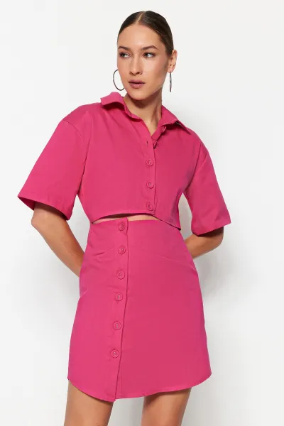 Trendyol limitovaná edícia Fuchsia košeľa mini tkané šaty