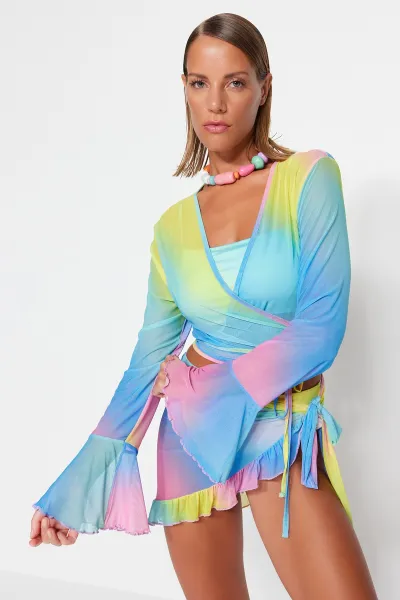 Trendyol Gradient Patterned Body-Sit Knitted Tie Transparent Blouse Skirt Beach Suit