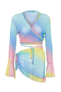 Trendyol Gradient Patterned Body-Sit Knitted Tie Transparent Blouse Skirt Beach Suit