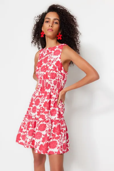 Trendyol Fuchsia Waist Opening Mini Woven Gimped Detailed Floral Woven Dress