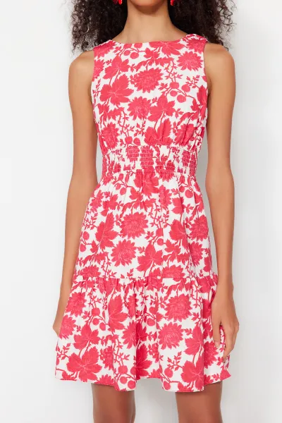 Trendyol Fuchsia Waist Opening Mini Woven Gimped Detailed Floral Woven Dress