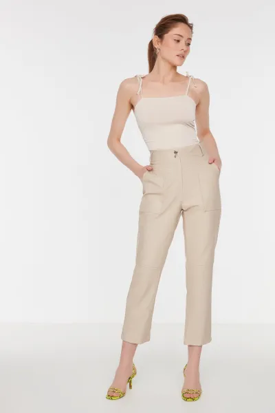 Trendyol Stone Cigarette Woven Faux Leather Trousers