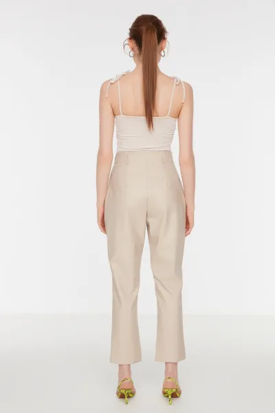 Trendyol Stone Cigarette Woven Faux Leather Trousers