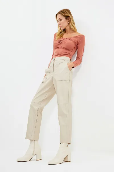 Trendyol Stone Cigarette Woven Faux Leather Trousers