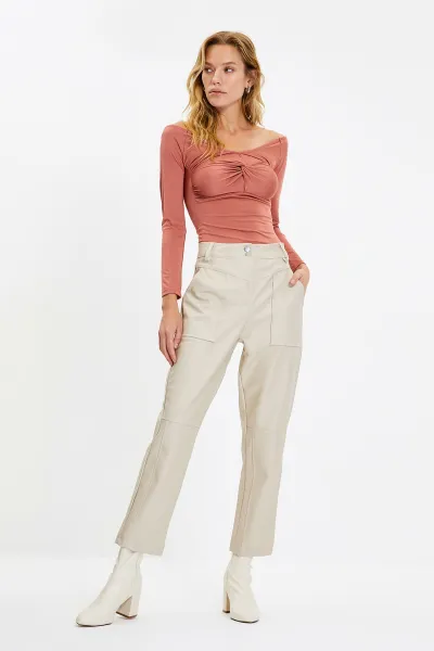 Trendyol Stone Cigarette Woven Faux Leather Trousers