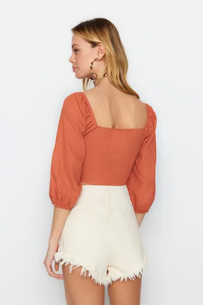 Blúzka z tkaniny Trendyol Tile Crop so šnúrkou, 100% bavlna