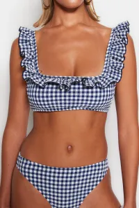 Trendyol Navy Blue Gingham textúrovaná braletka Flounce Bikini Top