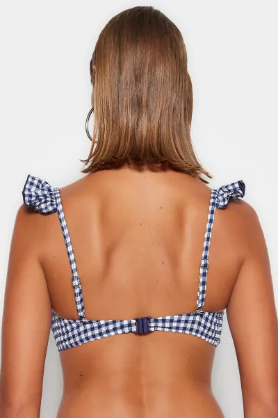 Trendyol Navy Blue Gingham textúrovaná braletka Flounce Bikini Top