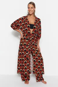Trendyol Geometric Patterned Belted Maxi Woven Balloon Sleeve Kimono & Kaftan