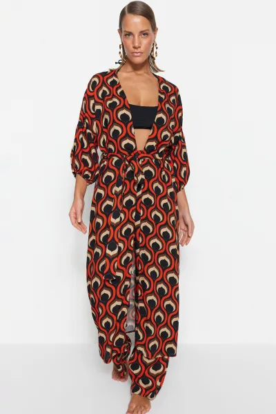 Trendyol Geometric Patterned Belted Maxi Woven Balloon Sleeve Kimono & Kaftan