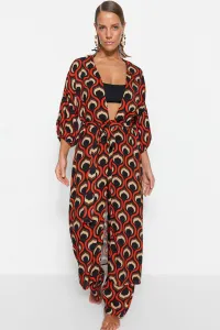 Trendyol Geometric Patterned Belted Maxi Woven Balloon Sleeve Kimono & Kaftan