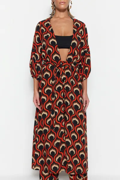 Trendyol Geometric Patterned Belted Maxi Woven Balloon Sleeve Kimono & Kaftan
