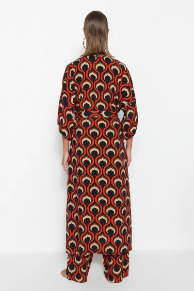 Trendyol Geometric Patterned Belted Maxi Woven Balloon Sleeve Kimono & Kaftan