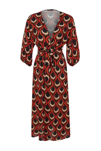 Trendyol Geometric Patterned Belted Maxi Woven Balloon Sleeve Kimono & Kaftan
