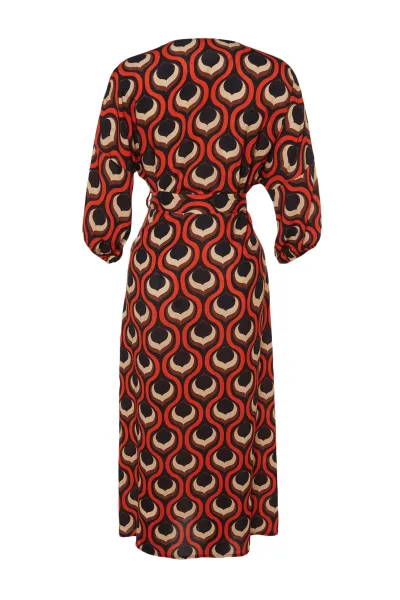 Trendyol Geometric Patterned Belted Maxi Woven Balloon Sleeve Kimono & Kaftan