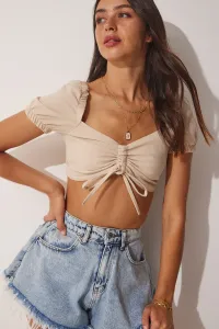Happiness İstanbul Women's Beige Linen Blend Gathered Crop Blouse