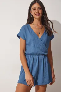 Happiness İstanbul Women's Indigo Blue Wrapped Collar Short Knitted Jumpsuit with Shorts
