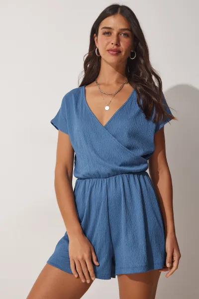 Happiness İstanbul Women's Indigo Blue Wrapped Collar Short Knitted Jumpsuit with Shorts