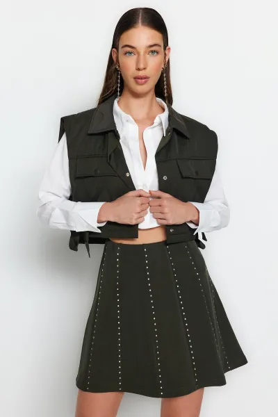Trendyol Khaki Stone Doplnok Mini Skater/Pletená Sukňa Bez Pásu