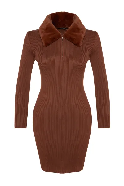 Trendyol Brown Mini Knitwear Faux Für Detail Dress