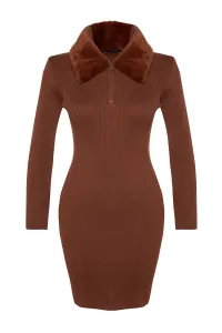 Trendyol Brown Mini Knitwear Faux Für Detail Dress