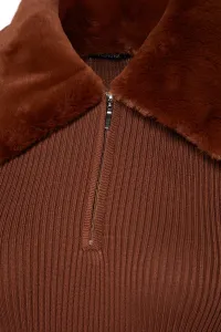 Trendyol Brown Mini Knitwear Faux Für Detail Dress