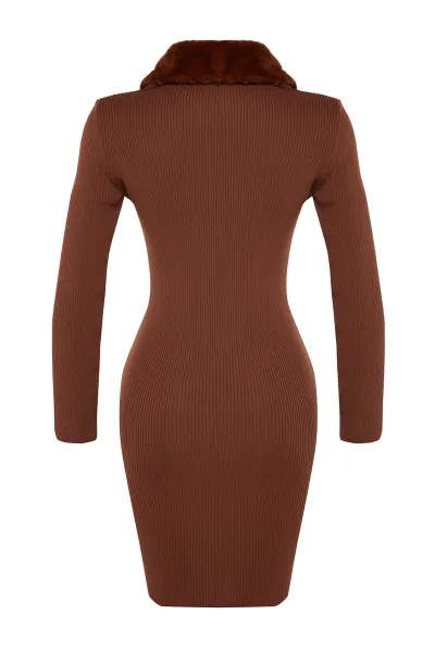 Trendyol Brown Mini Knitwear Faux Für Detail Dress