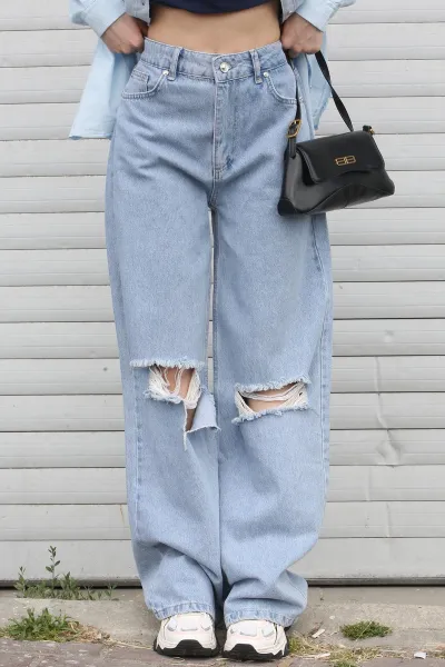 Madmext Blue Regular Fit dámske roztrhané detailné džínsy