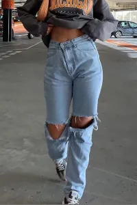 Madmext Blue Regular Fit dámske roztrhané detailné džínsy