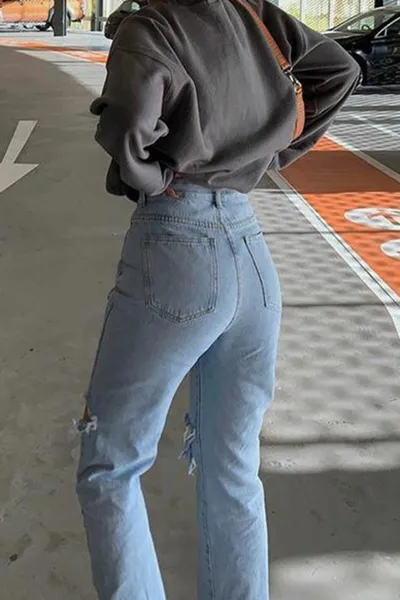 Madmext Blue Regular Fit dámske roztrhané detailné džínsy
