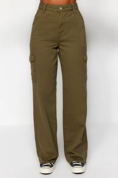 Trendyol Khaki džínsy so širokým pásom s nákladným vreckom