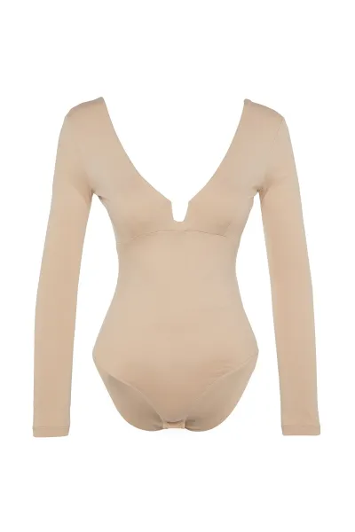 Trendyol norková bavlnená elastická priliehavá pletená body s výstrihom do V