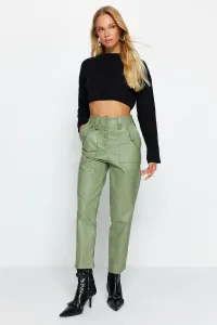 Trendyol khaki mrkva tkané vpredu nohavice z umelej kože na gombíky