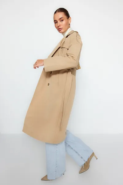 Trendyol béžový oversize široký strih vodoodpudivý trenčkot
