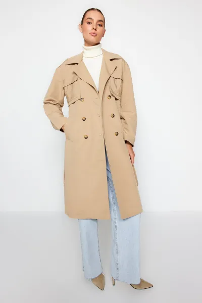 Trendyol béžový oversize široký strih vodoodpudivý trenčkot