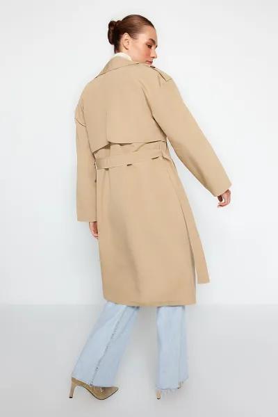 Trendyol béžový oversize široký strih vodoodpudivý trenčkot
