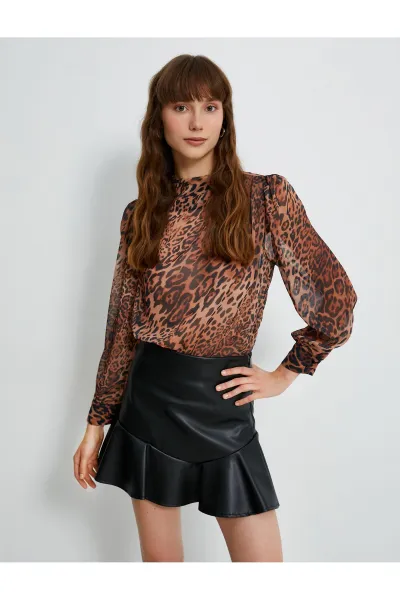 Koton Chiffon Blouse Leopard Patterned Draped Collar Balloon Sleeve