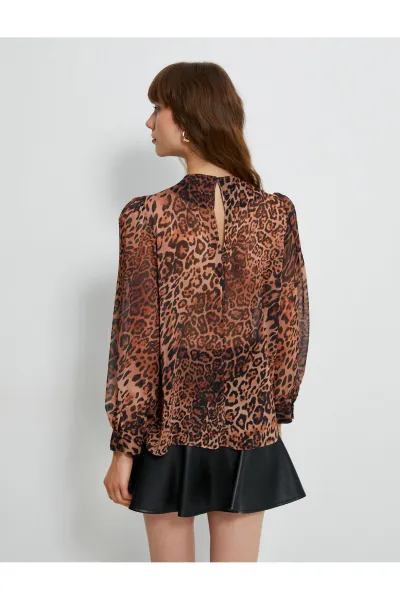 Koton Chiffon Blouse Leopard Patterned Draped Collar Balloon Sleeve