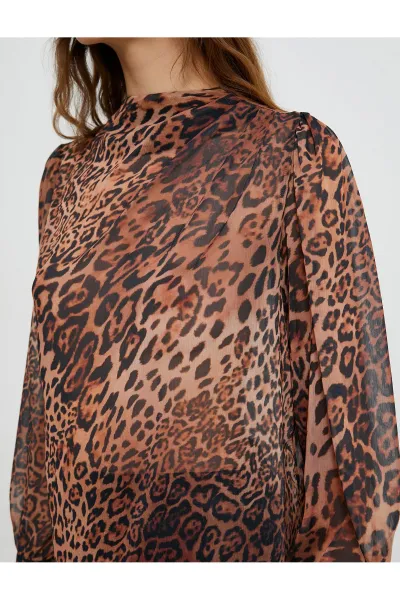 Koton Chiffon Blouse Leopard Patterned Draped Collar Balloon Sleeve