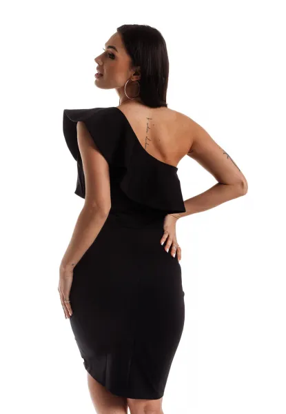 Black dress with decorative frill at the La Diva neckline