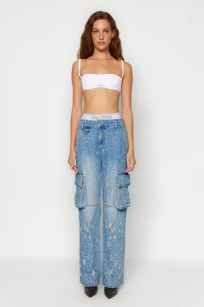 Trendyol X Sagaza Studio modrý elastický detail a na sebe džínsy